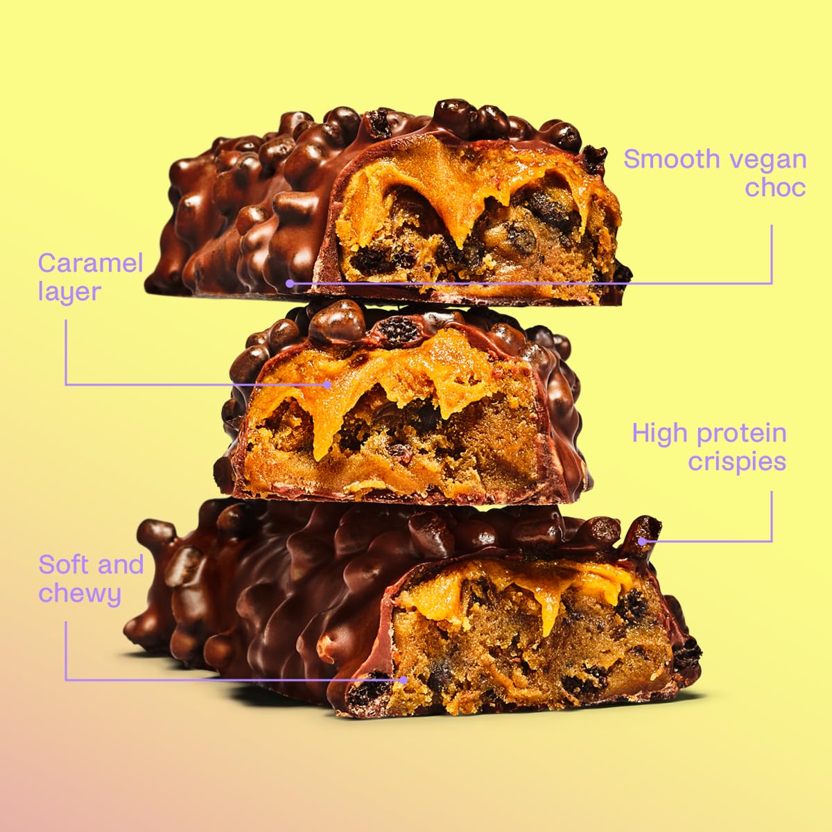 Misfits Plant-Based Protein Bar with caramel, chewy core, and crispy coating