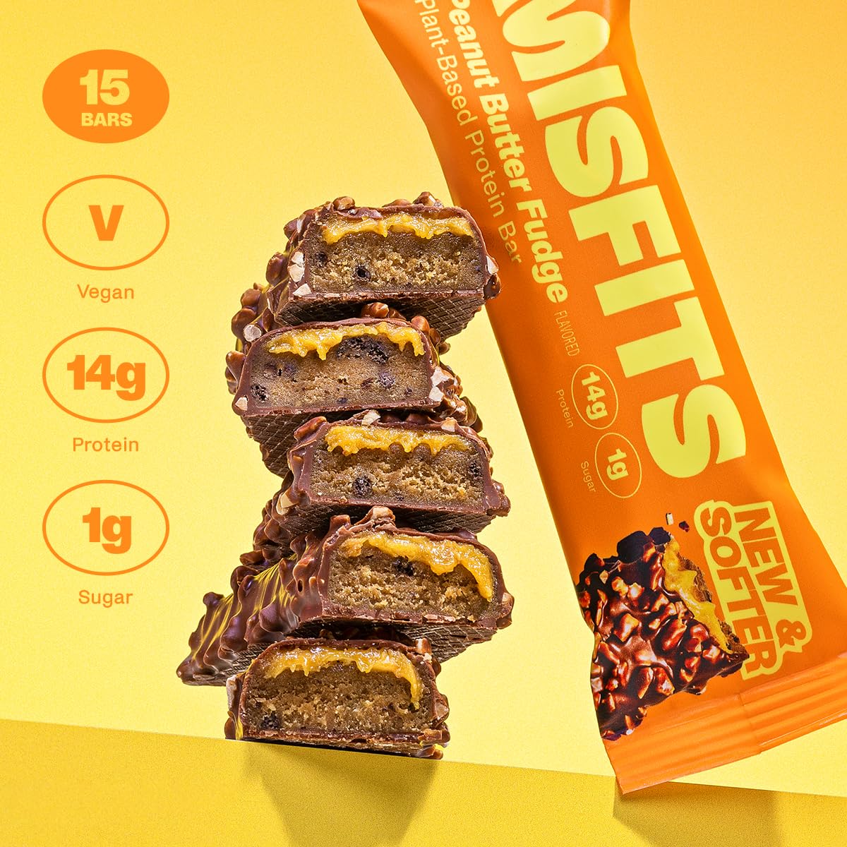 Chocolate-covered Misfits Plant-Based Protein Bar with peanut butter fudge flavor