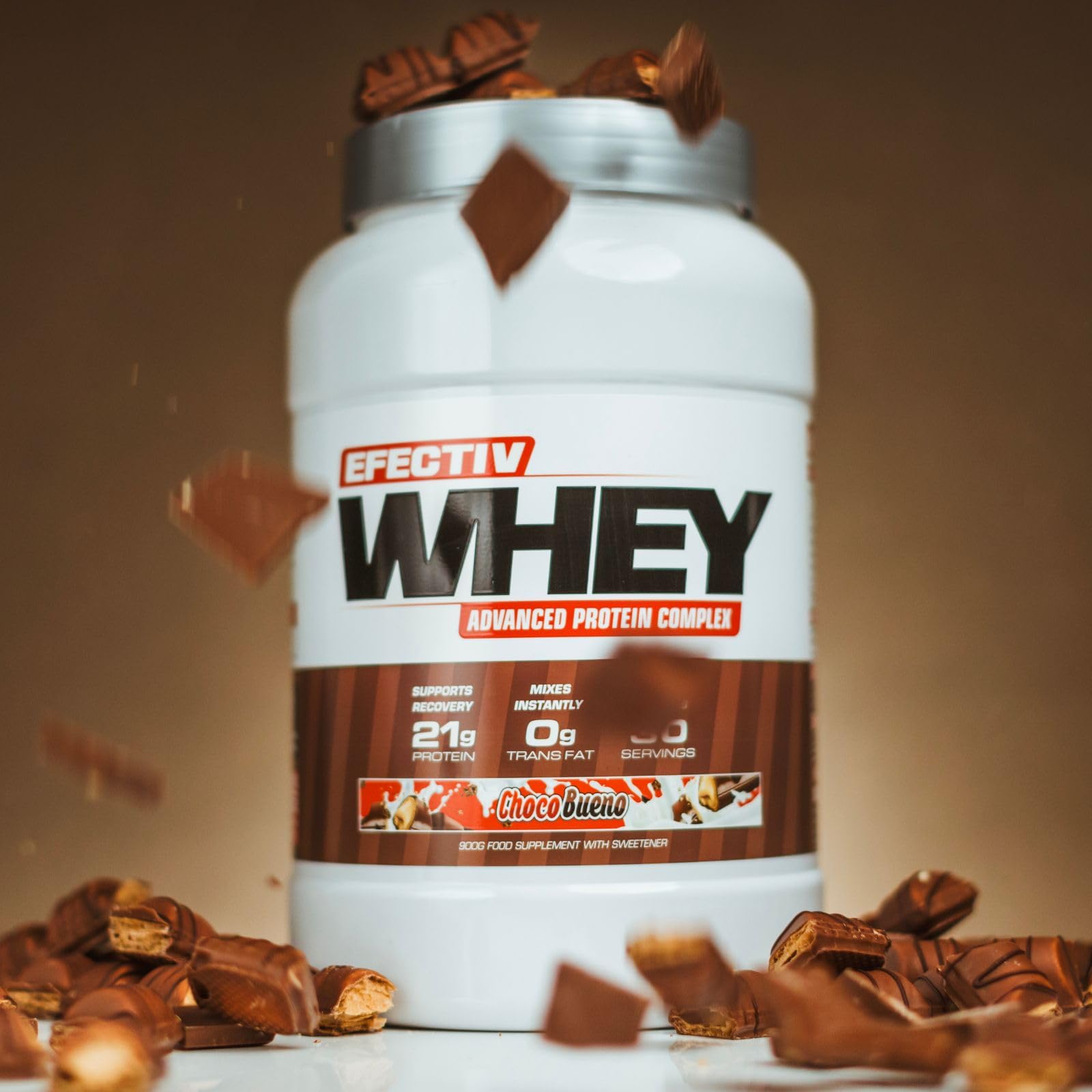 Efectiv Nutrition Whey Protein tub with highly bioavailable whey and 21g protein for lean muscle
