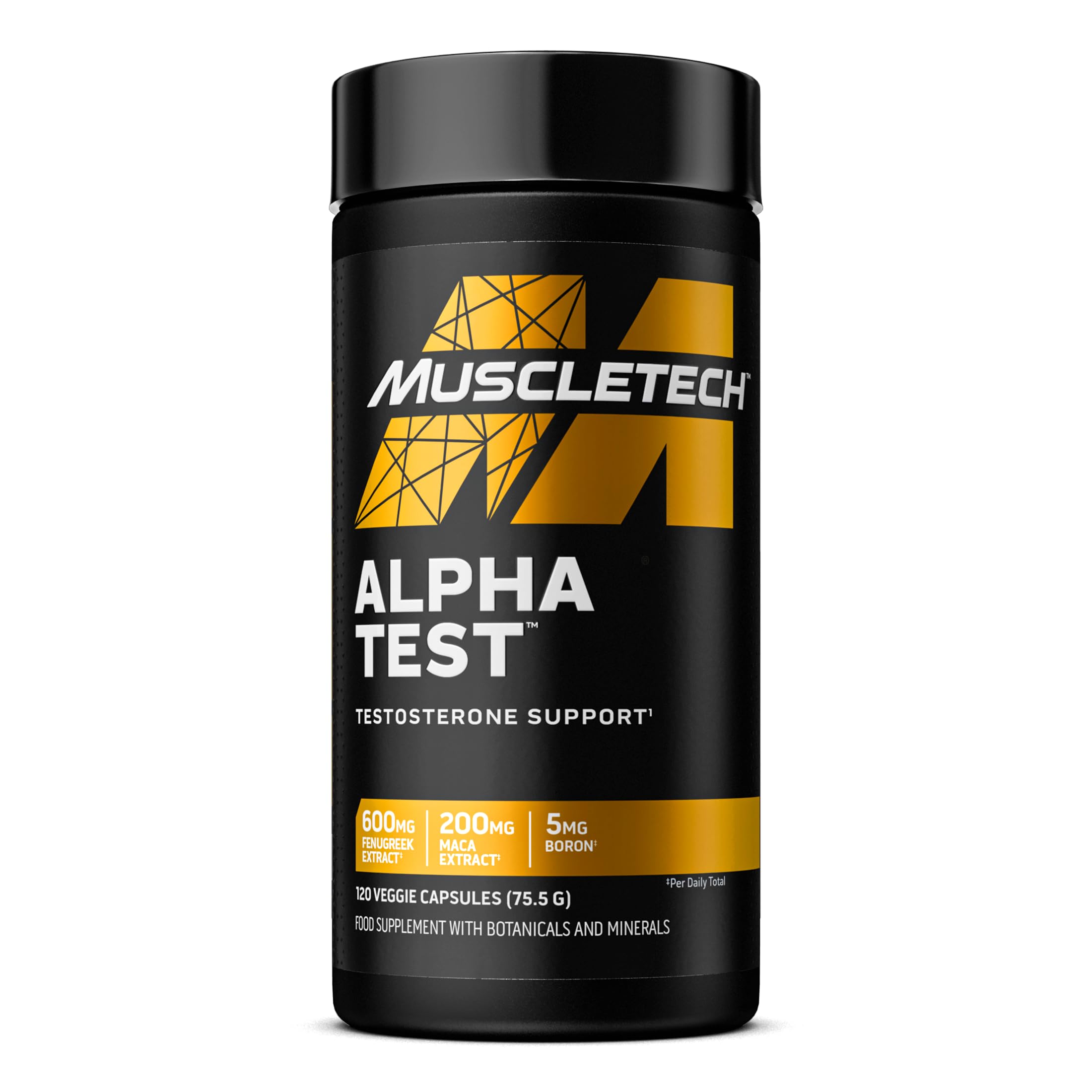 Black and gold Muscletech Alpha Test supplement bottle with zinc gluconate for testosterone production