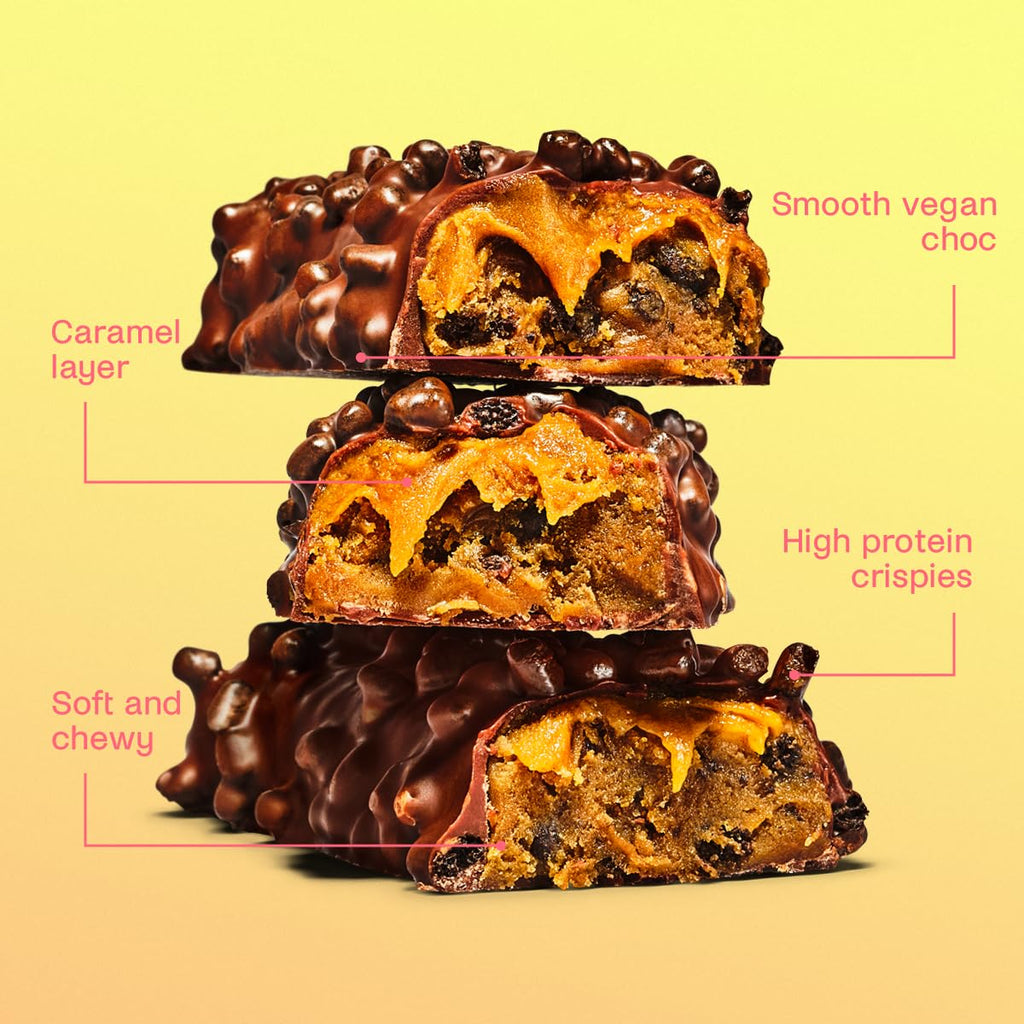 Stack of Misfits Plant-Based Protein Bars with caramel, crispies, and chewy inside