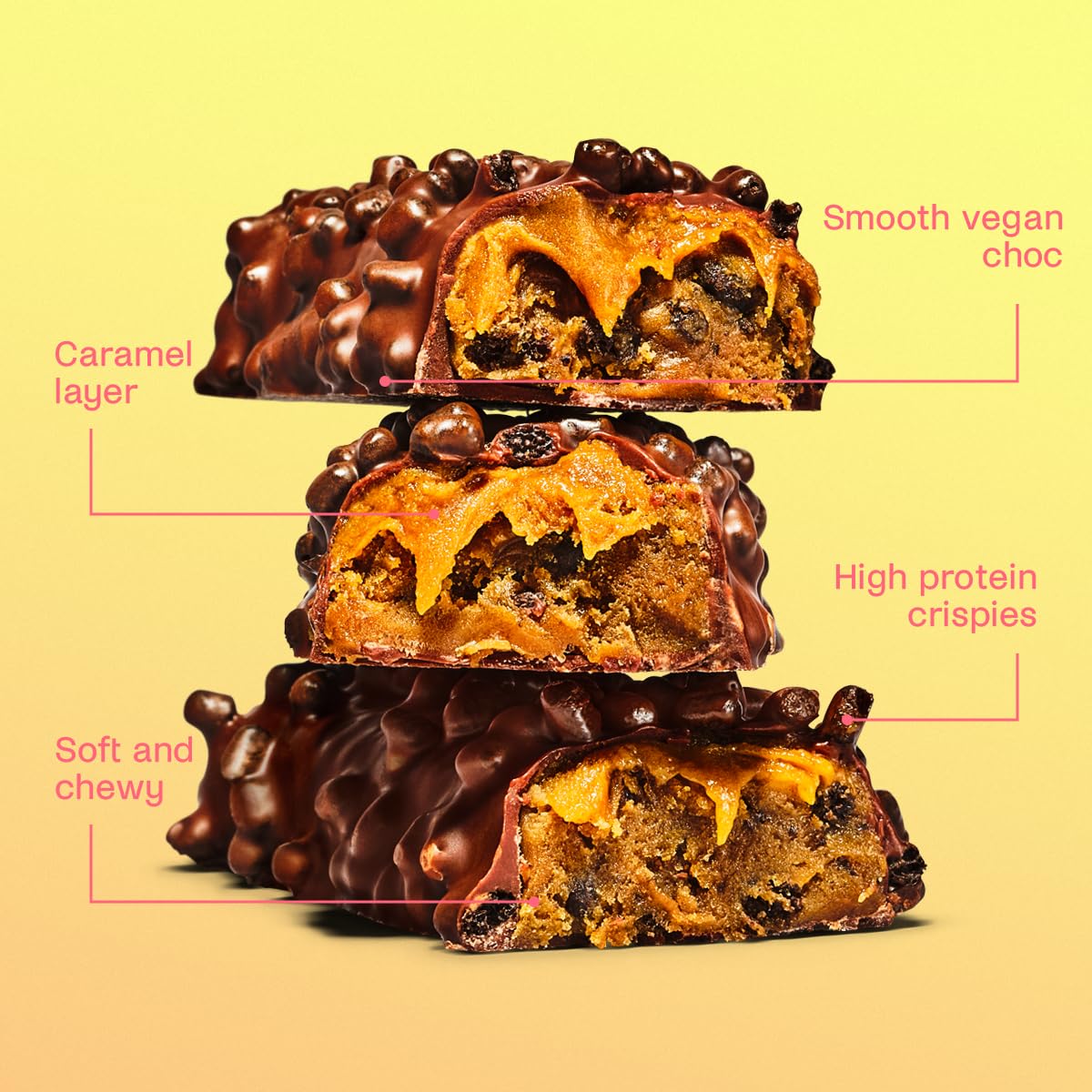 Stack of Misfits Plant-Based Protein Bars with caramel, crispies, and chewy inside