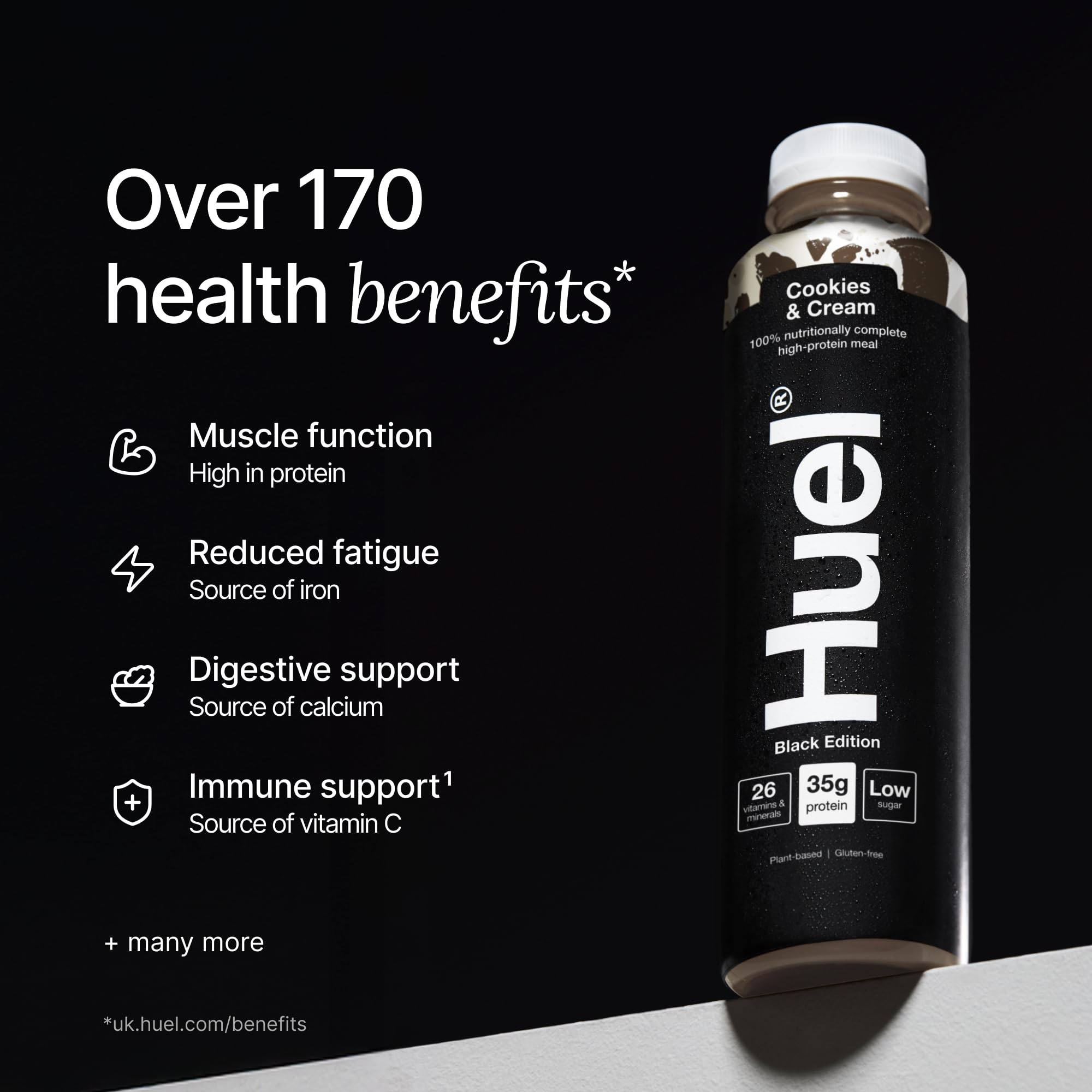 Black bottle of Huel Black Edition 8x500ml Chocolate Peanut Butter drink in Cookies & Cream flavor