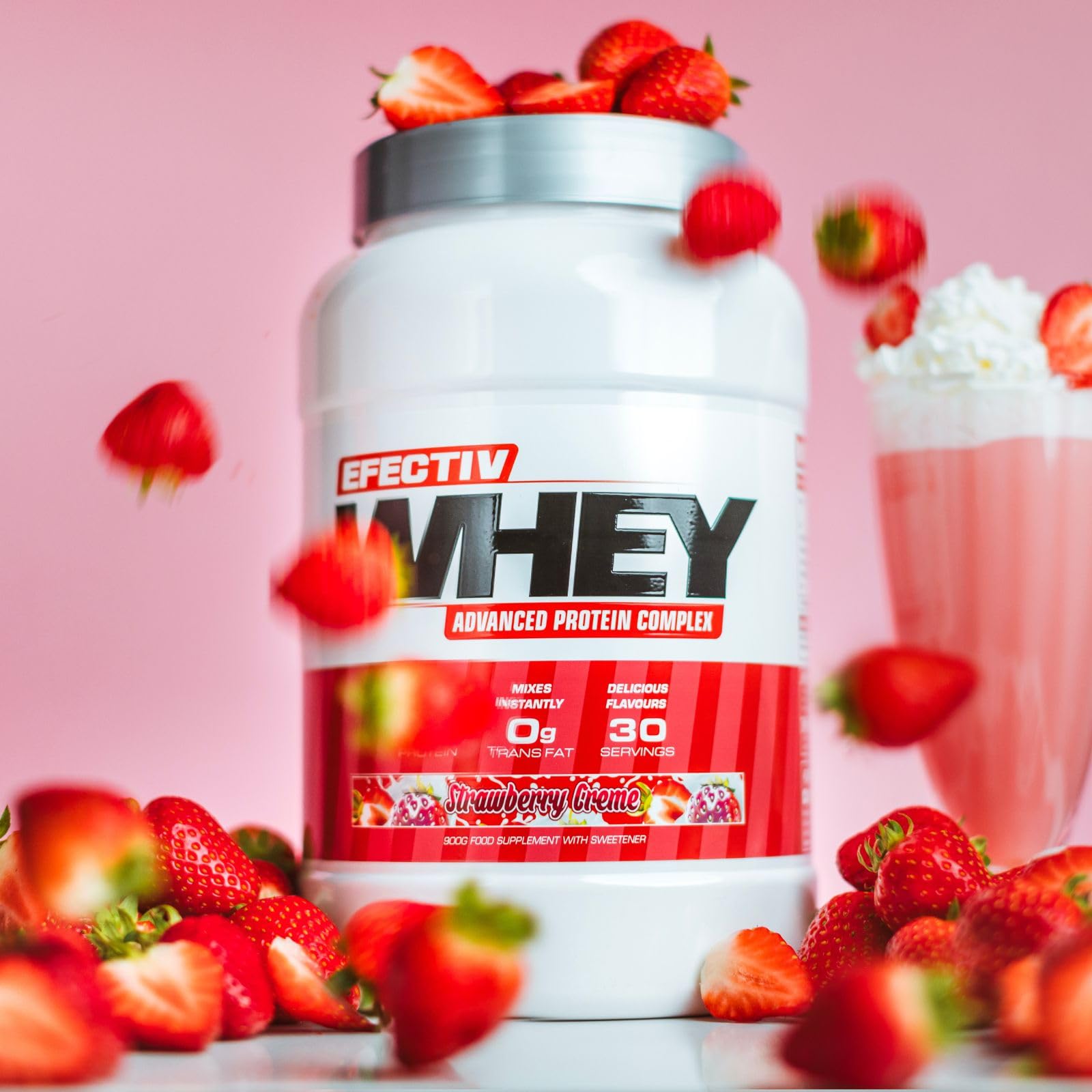 White tub of Effectiv Nutrition Whey Protein with strawberry creme flavor for lean muscle