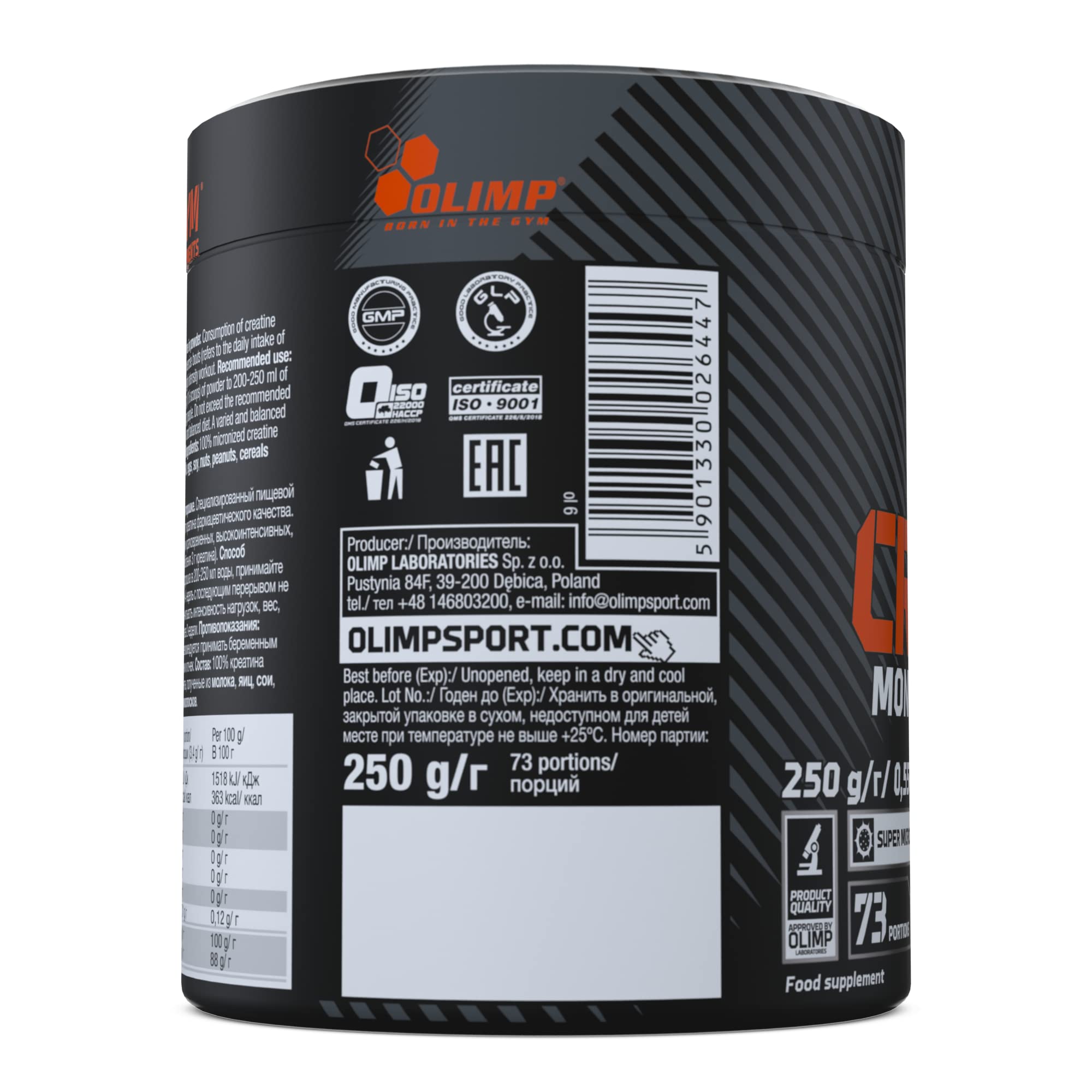 Black and orange Olimp Sport Nutrition creatine monohydrate powder container for muscle strength