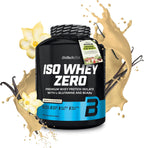 Black tub of Biotech USA Iso Whey Zero Lactose Free vanilla protein powder