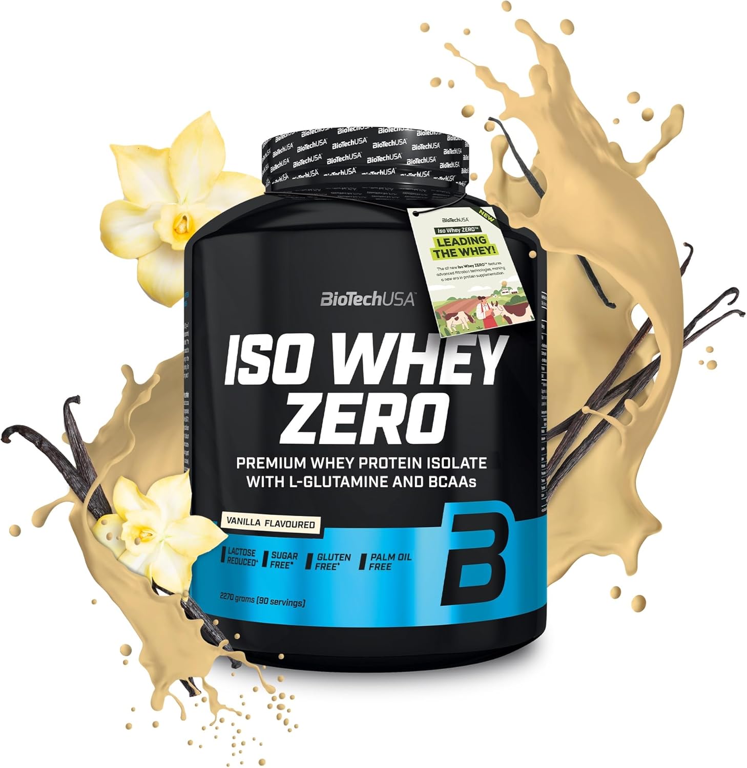 Black tub of Biotech USA Iso Whey Zero Lactose Free vanilla protein powder