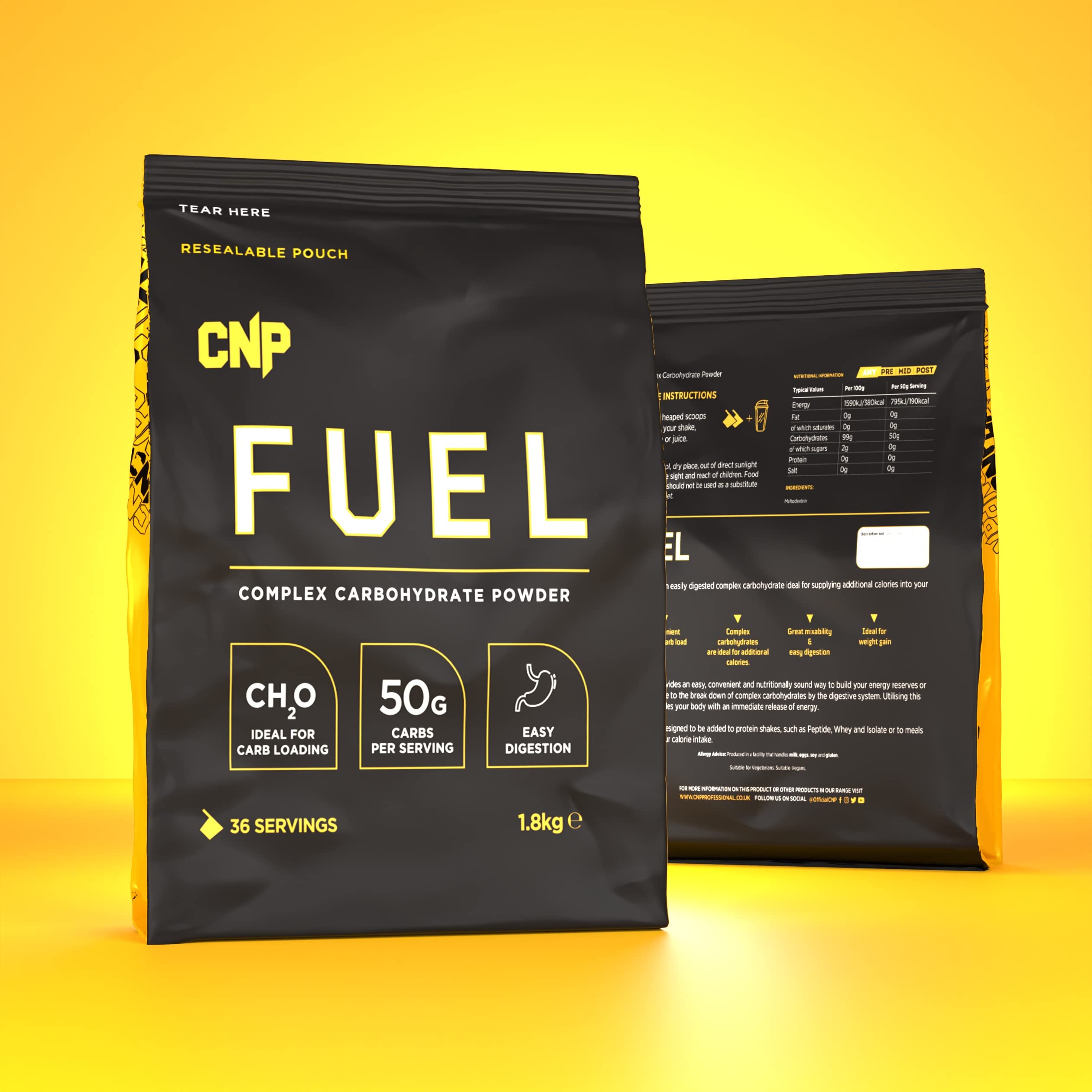 Black resealable pouch of CNP Pro Fuel complex carbs powder with flavorless formula for easy digestion