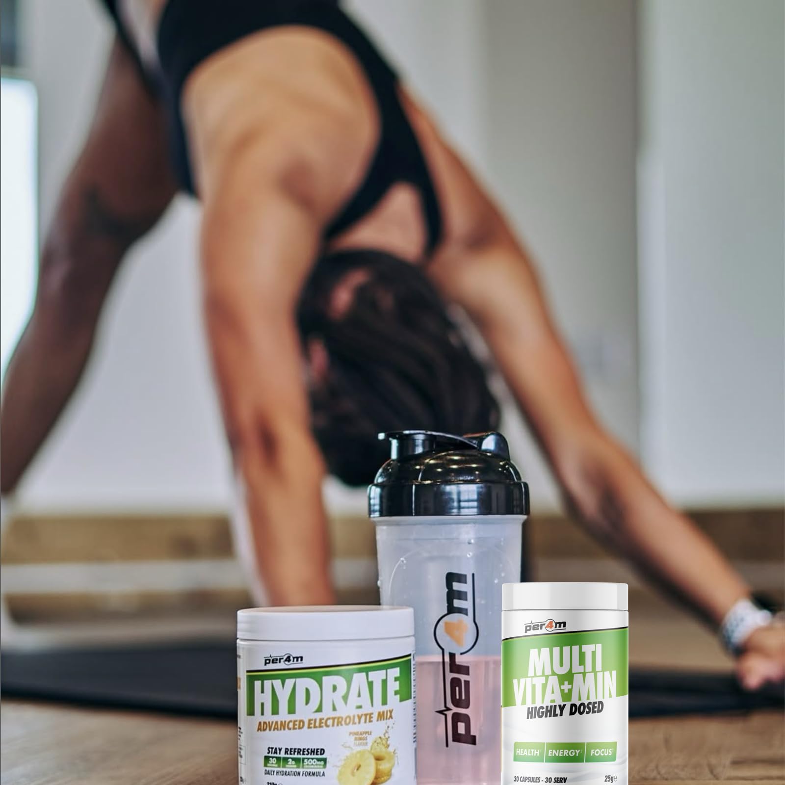 Per4m Multivitamin supplements and shaker bottle for immune health and mental clarity