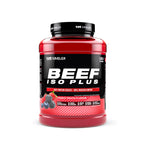Red and black Outangled Beef Iso Plus tub of beef protein isolate with forest fruits flavor