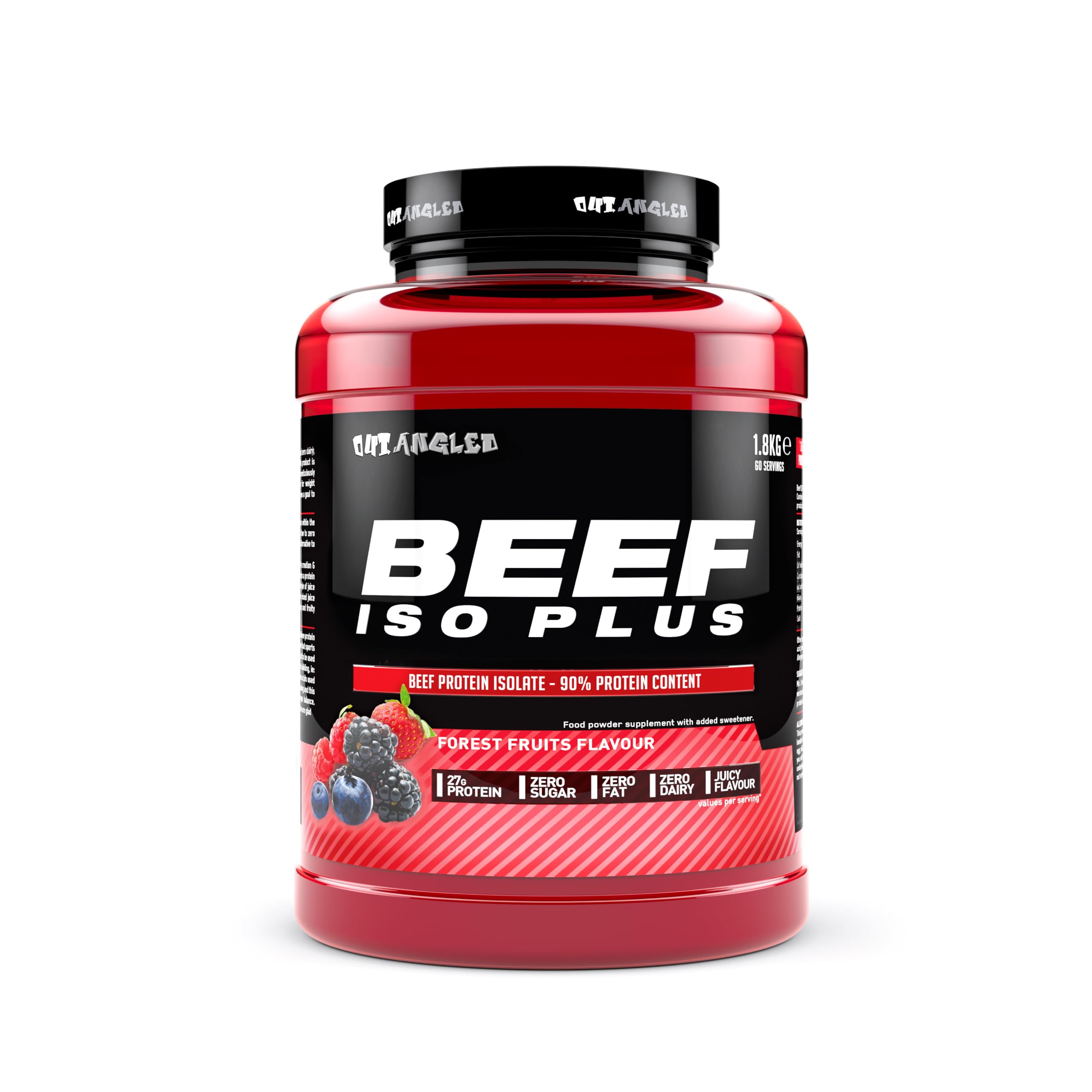 Red and black Outangled Beef Iso Plus tub of beef protein isolate with forest fruits flavor