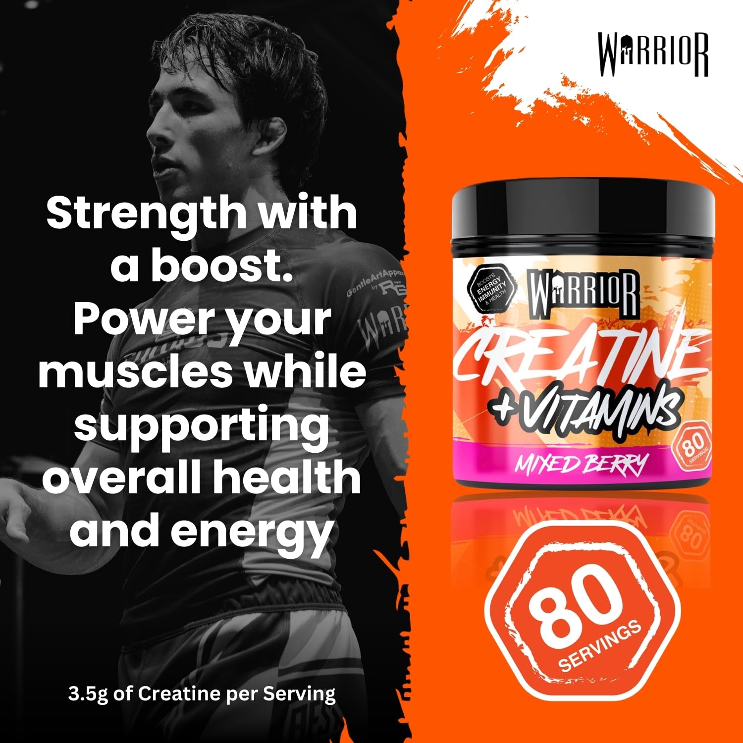 Warrior Creatine Plus Vitamins supplement with mixed berries flavor for muscle support