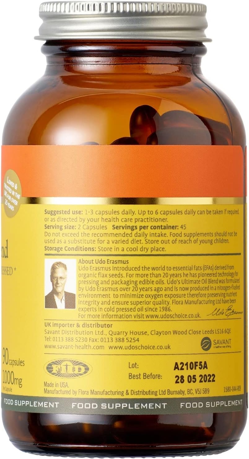 Amber glass bottle of Udo’s Choice Ultimate Oil Blend Caps with metal cap