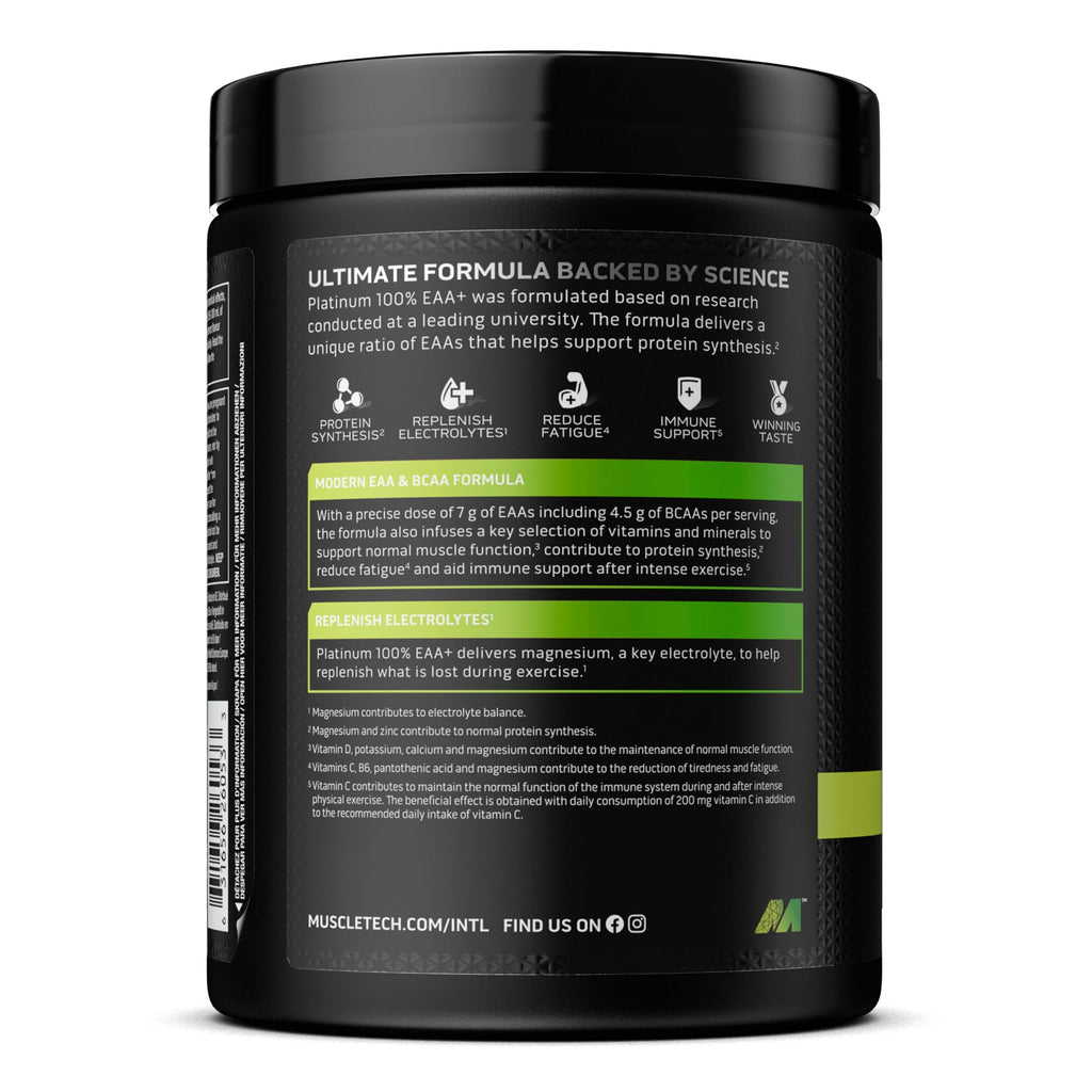 Black plastic supplement container with green label for Muscletech Platinum EAA to support protein synthesis and replenish electrolytes