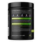 Black plastic supplement container with green label for Muscletech Platinum EAA to support protein synthesis and replenish electrolytes