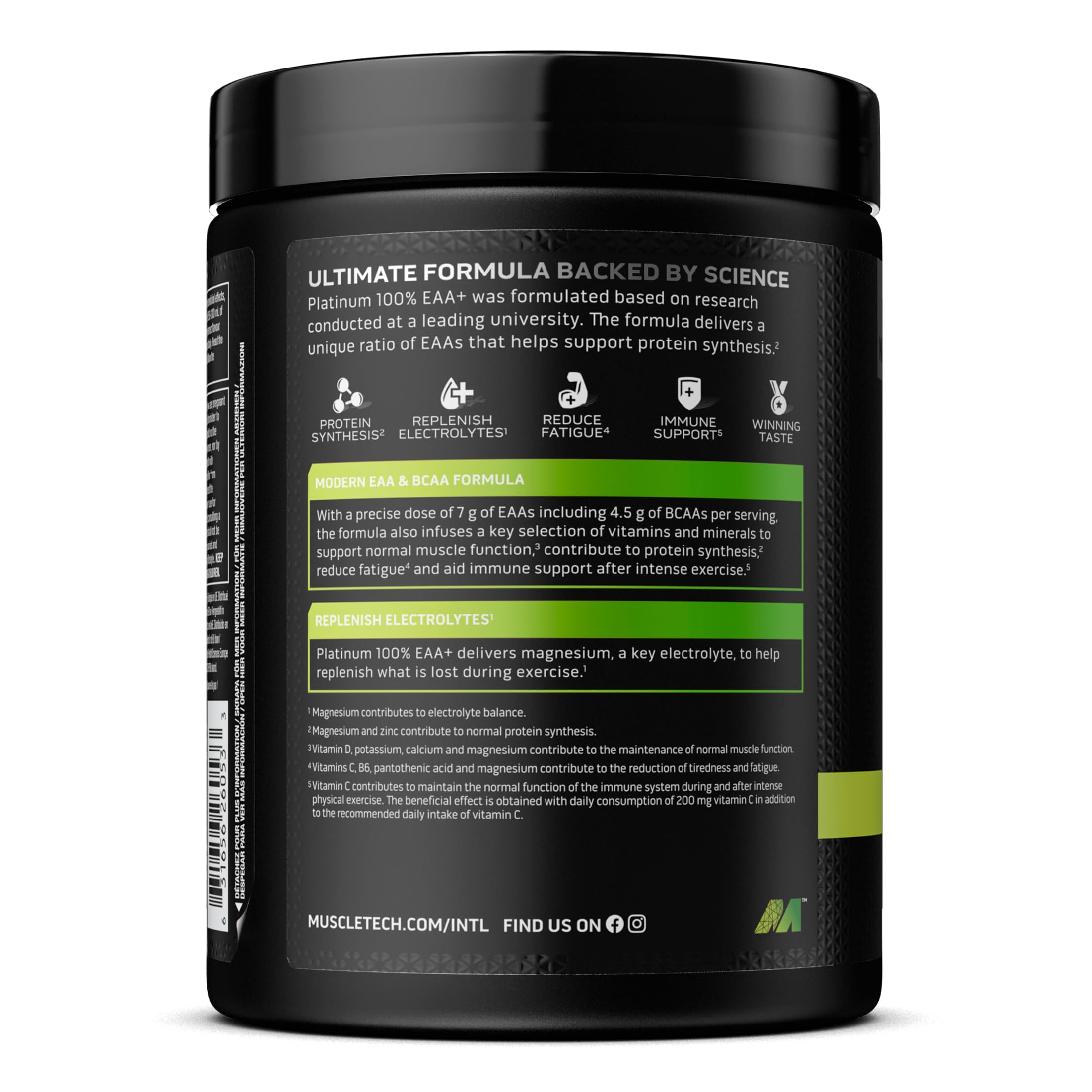 Black plastic supplement container with green label for Muscletech Platinum EAA to support protein synthesis and replenish electrolytes