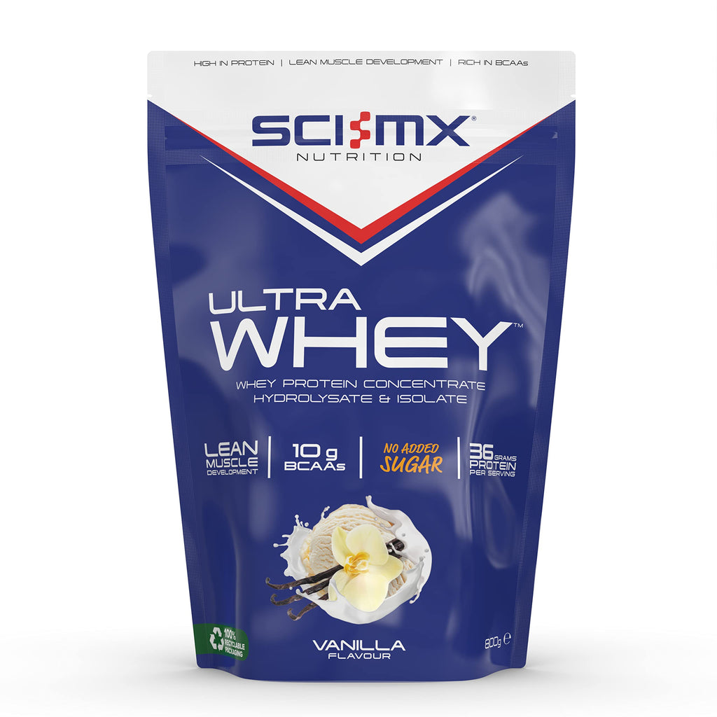 Vanilla flavored SCI-MX Ultra Whey protein powder pouch for muscle recovery