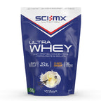 Vanilla flavored SCI-MX Ultra Whey protein powder pouch for muscle recovery