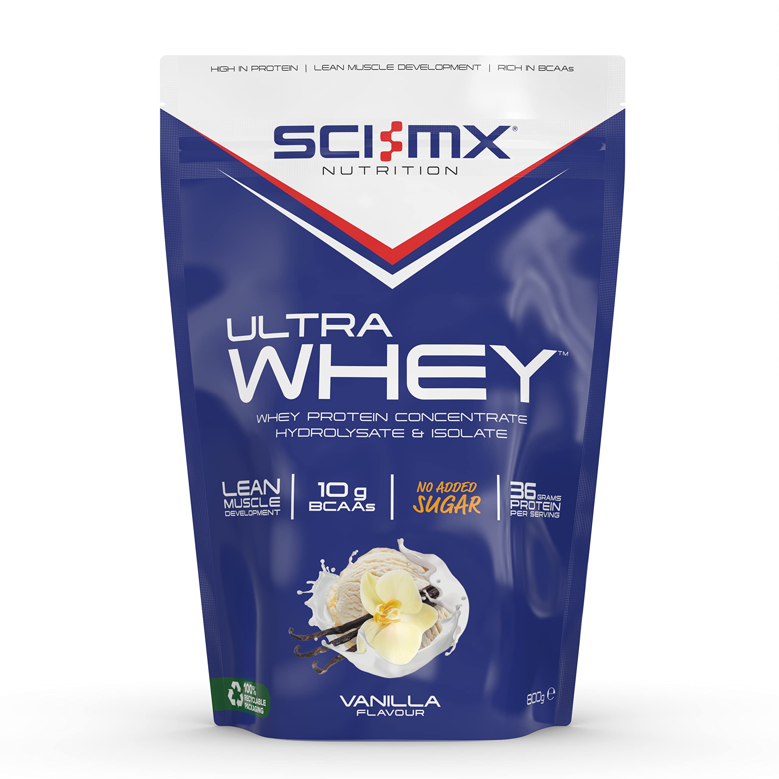 Vanilla flavored SCI-MX Ultra Whey protein powder pouch for muscle recovery