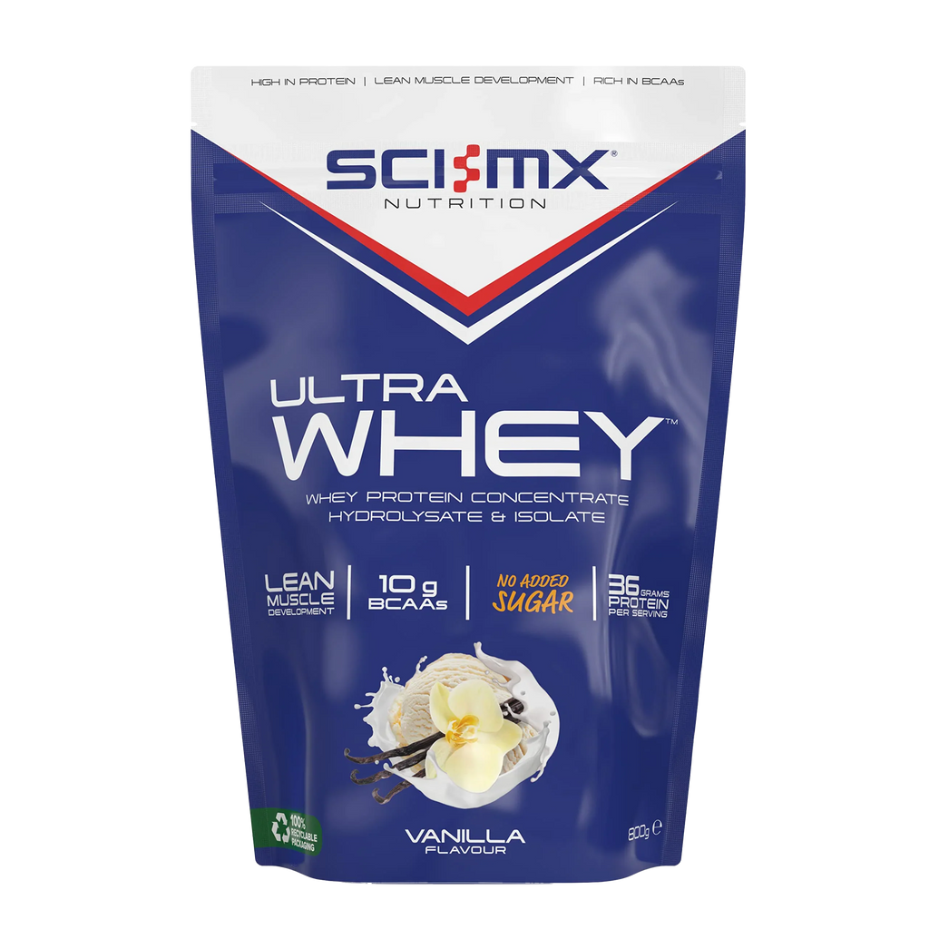 Blue pouch of vanilla-flavored SCI-MX Ultra Whey protein powder for muscle gains