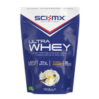 Blue pouch of vanilla-flavored SCI-MX Ultra Whey protein powder for muscle gains