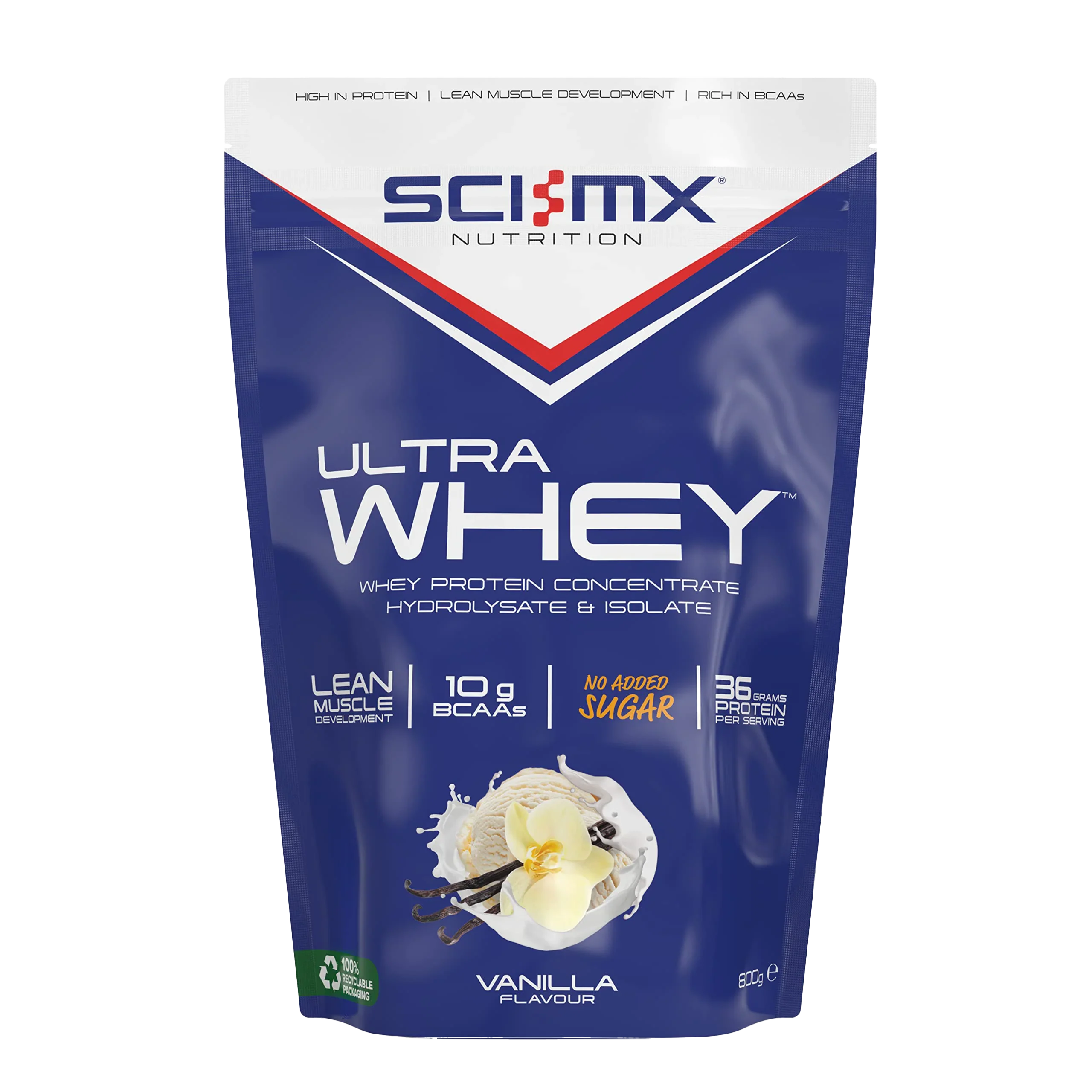 Blue pouch of vanilla-flavored SCI-MX Ultra Whey protein powder for muscle gains