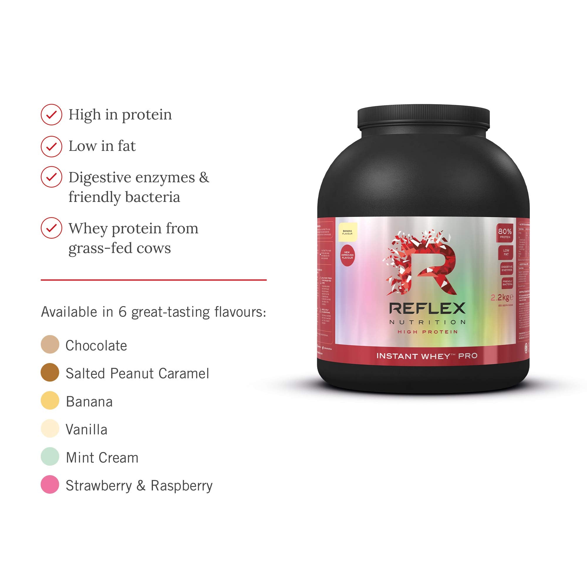 Black tub of Reflex Nutrition Instant Whey Pro protein powder for quick muscle gains