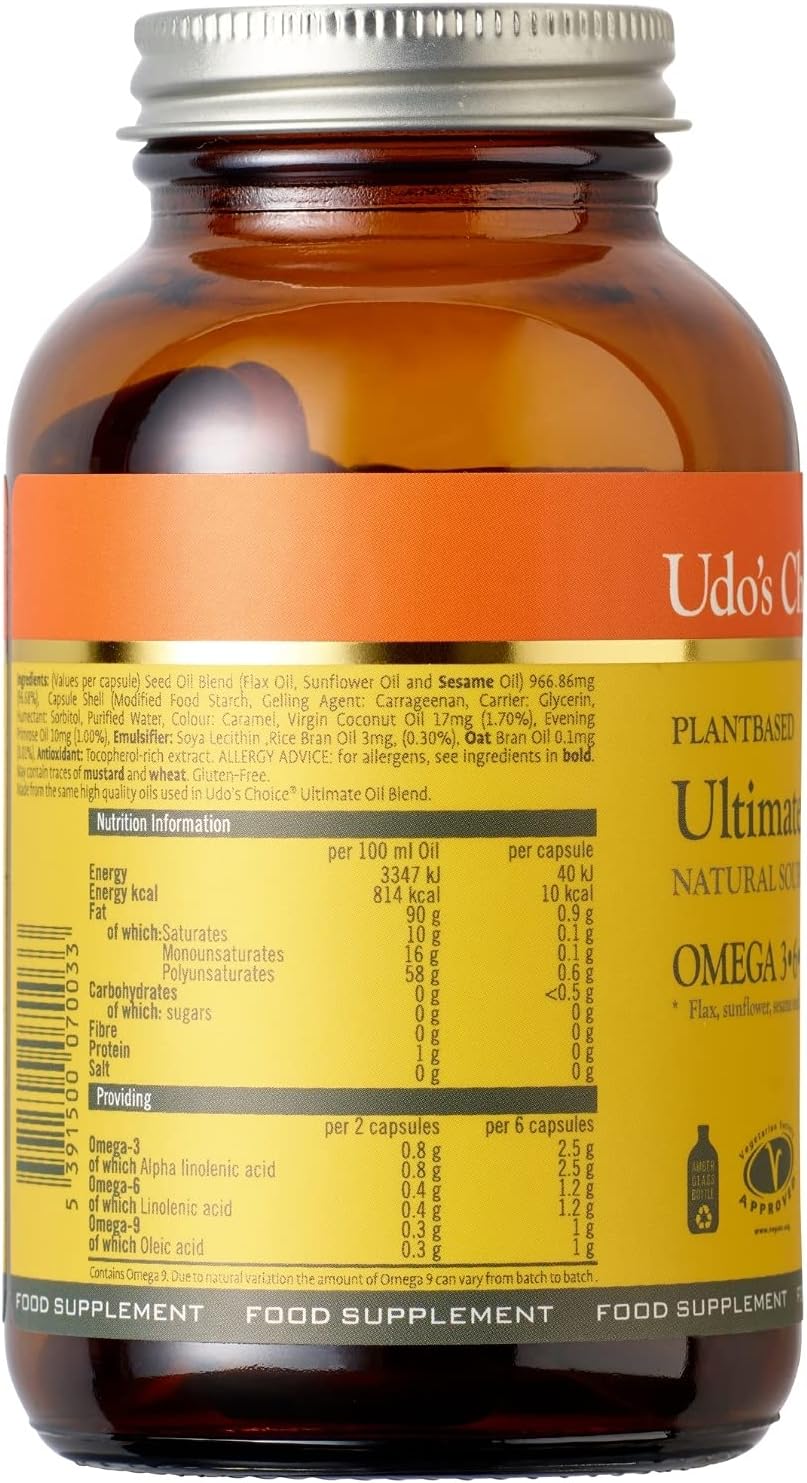 Amber glass bottle of Udo’s Choice Ultimate Oil Blend Caps with plant-based omega oil
