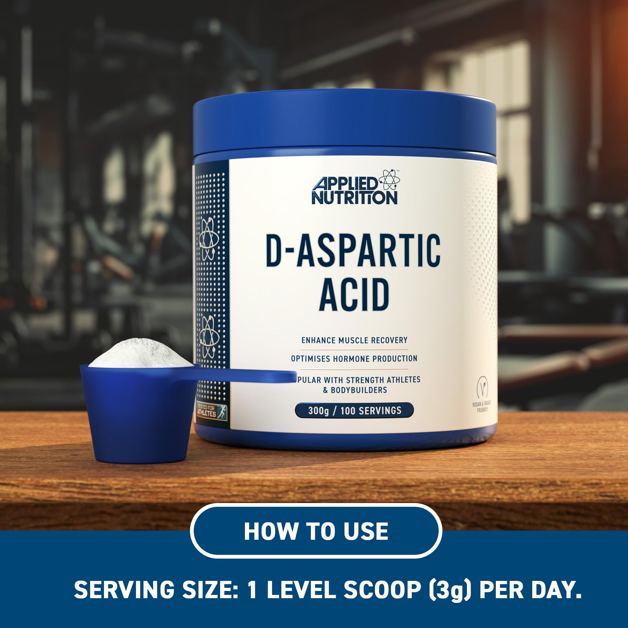 Container of Applied Nutrition D-Aspartic Acid powder with scoop for supporting testosterone levels