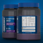 Two tubs of blackcurrant-flavored Applied Nutrition Endurance Carb Electrolyte Energy powder with nutrition info