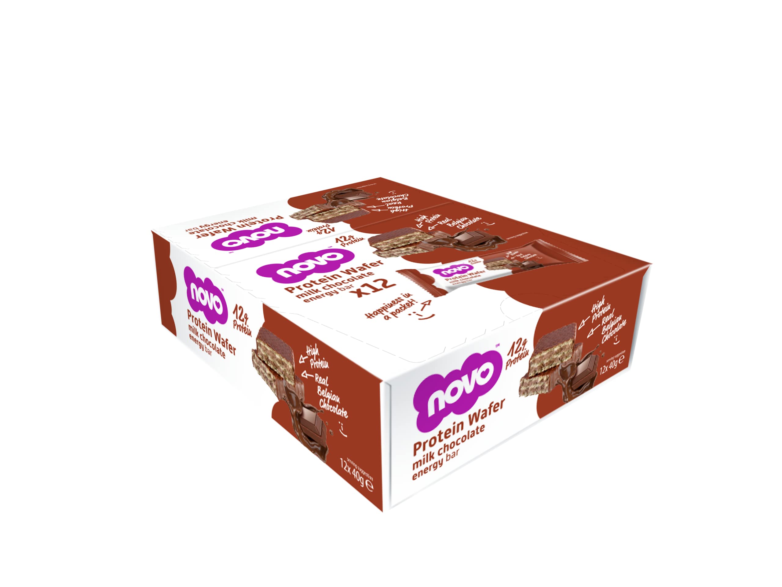 Box of Novo Protein Wafer Bar with milk chocolate energy bars for nutrition Novo Protein