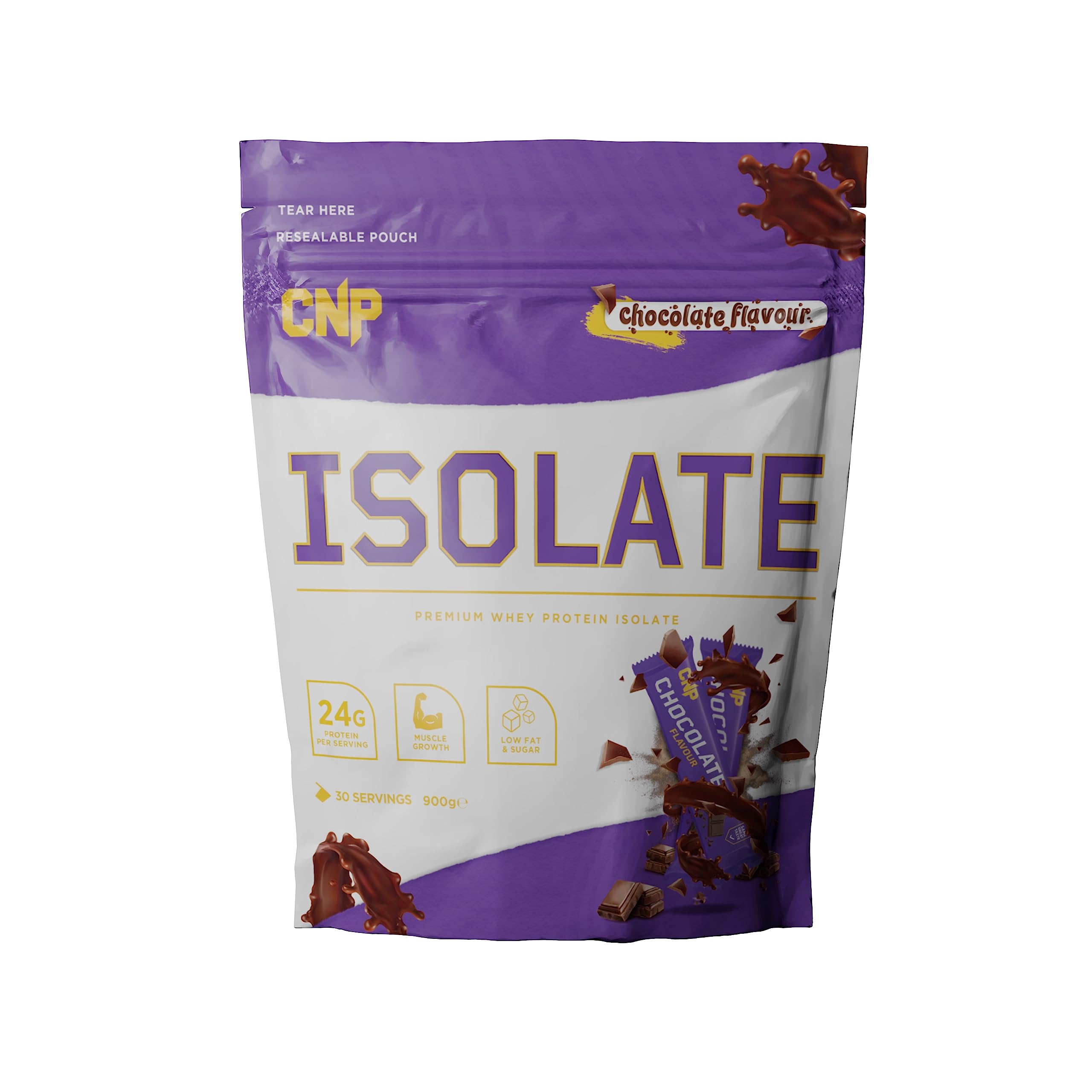 Purple and white CNP Isolate stand-up pouch with whey protein isolate and essential amino acids