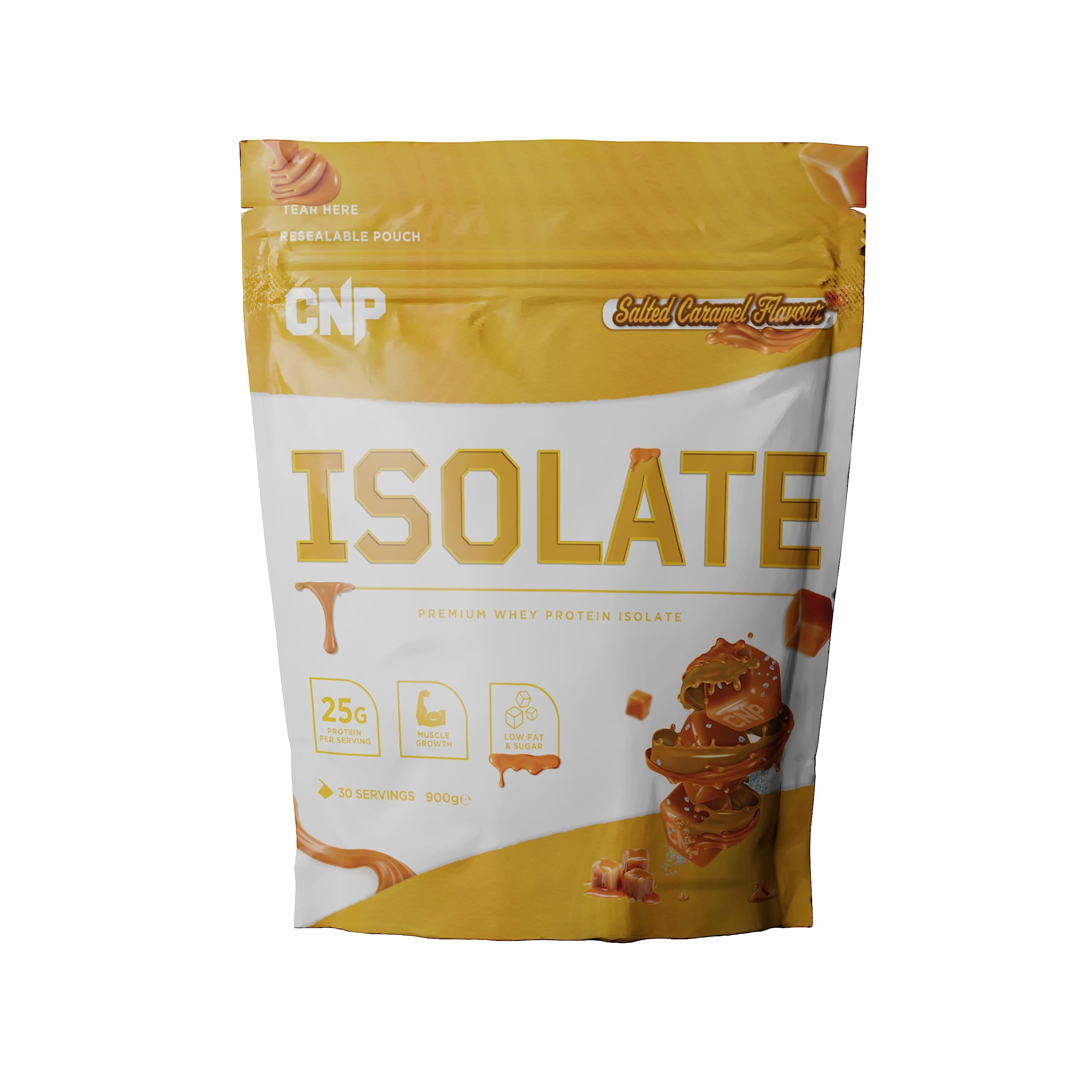 Salted caramel flavored CNP Isolate whey protein isolate with essential amino acids in a pouch