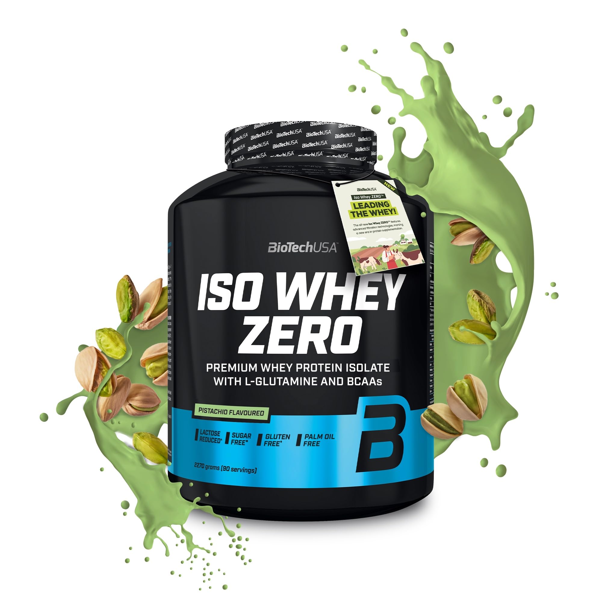Black container of pistachio flavored Biotech USA Iso Whey Zero Lactose Free protein powder