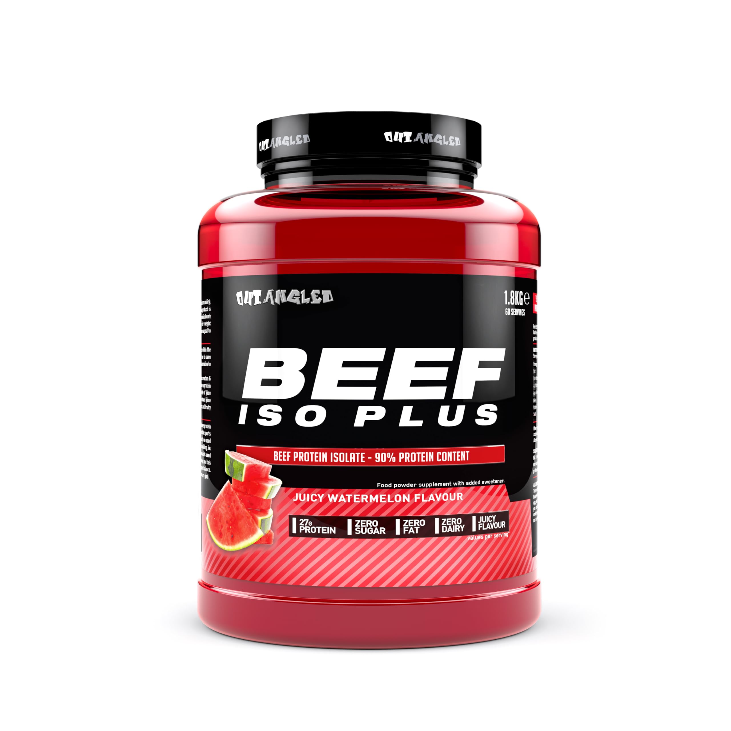 Red and black Outangled Beef ISO Plus protein powder with Juicy Watermelon flavor