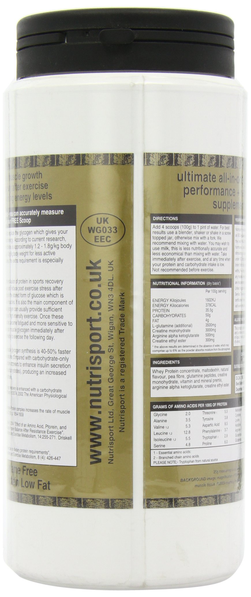 NutriSport Protein & Complex Carbs supplement container with whey concentrate powder