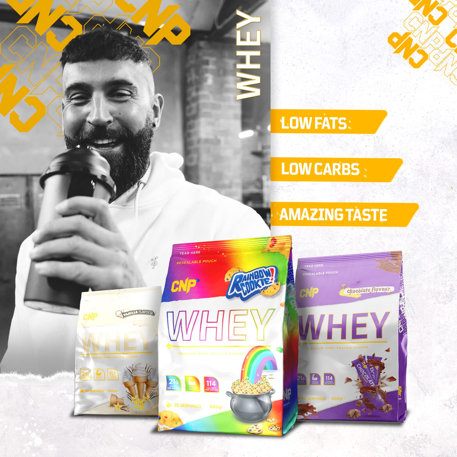 CNP Whey protein powder bags in different flavors for your fitness goals