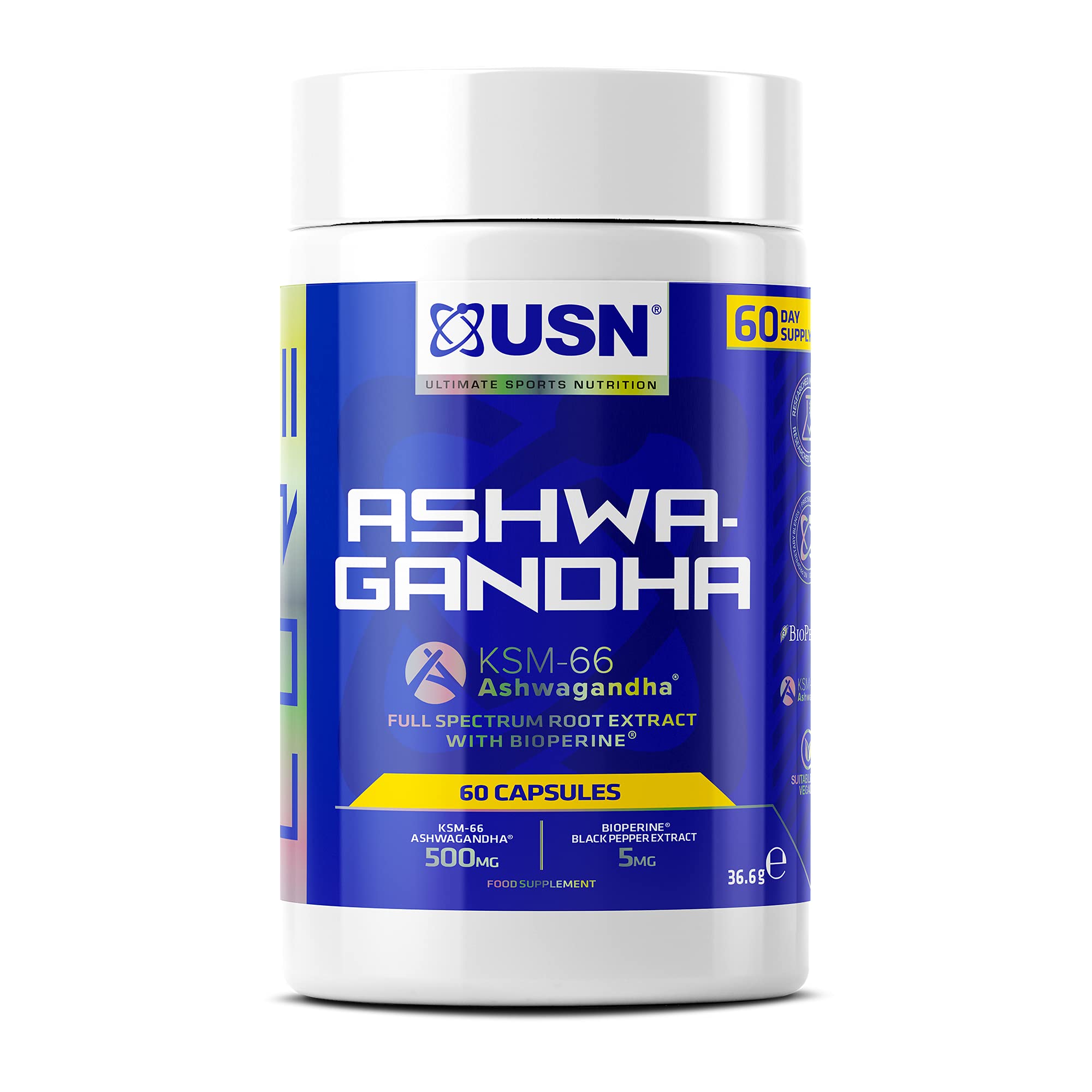 White and blue USN Ashwagandha container with KSM-66 root extract capsules