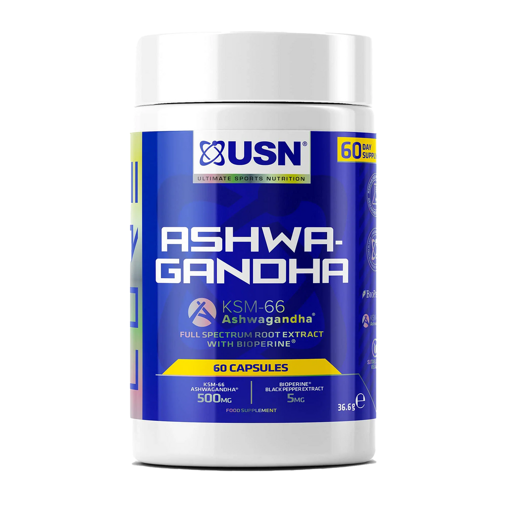 Blue and white USN Ashwagandha supplement bottle with root extract, screw-top lid