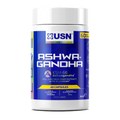 Blue and white USN Ashwagandha supplement bottle with root extract, screw-top lid