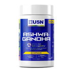 Blue and white USN Ashwagandha supplement bottle with root extract, screw-top lid