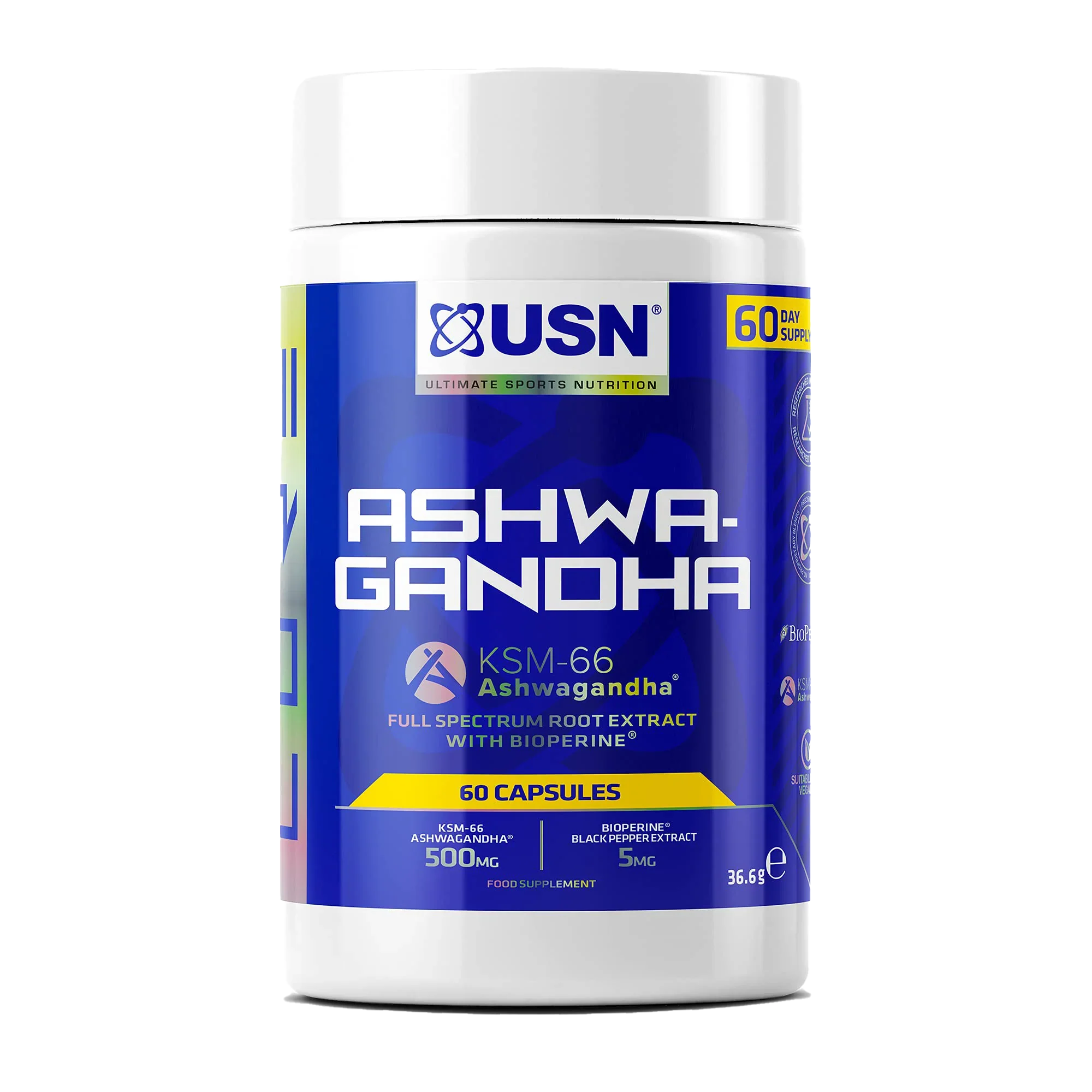 Blue and white USN Ashwagandha supplement bottle with root extract, screw-top lid