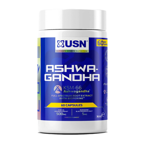 Blue and white USN Ashwagandha supplement bottle with root extract, screw-top lid