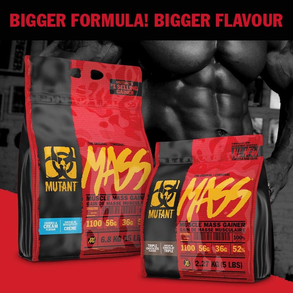Two Mutant Mass muscle mass gainer bags in red and black packaging for muscle gain