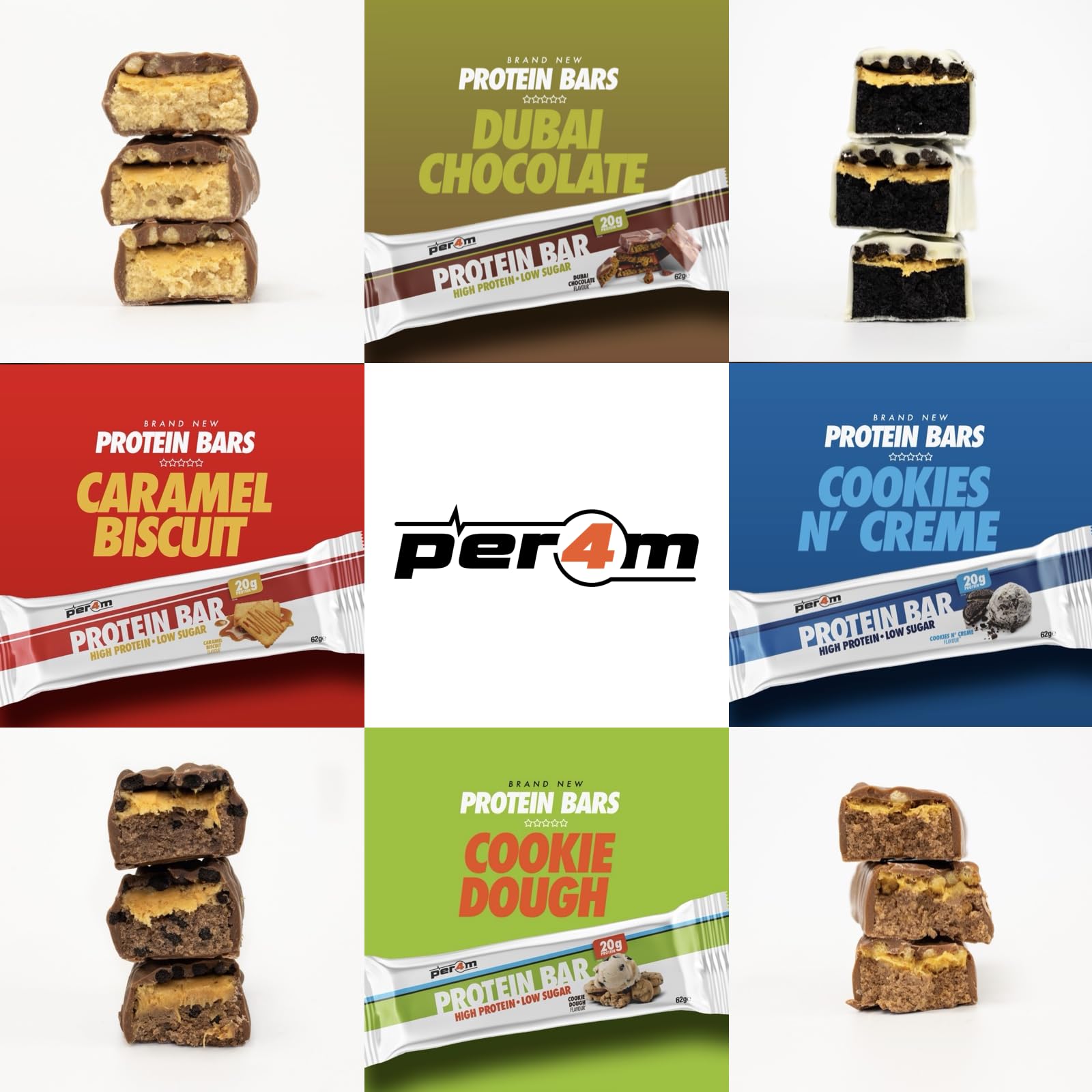 Assortment of Per4m Protein Bar flavors showing Per4m protein options