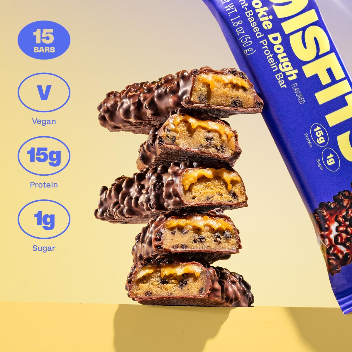 Misfits Plant-Based Protein Bar with chocolate coating and cookie dough filling