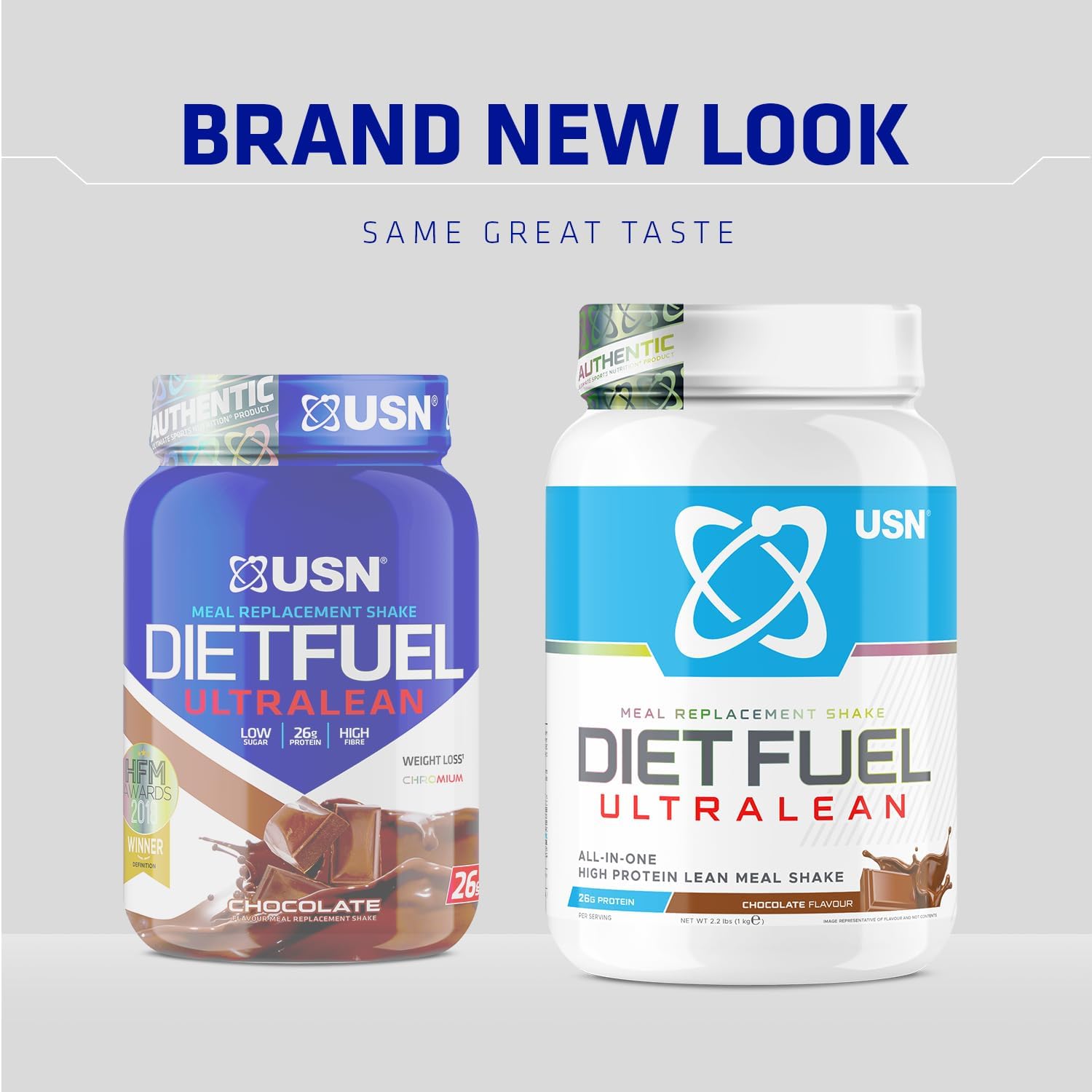 Two USN Diet Fuel Ultralean chocolate meal replacement shakes for high protein calorie control