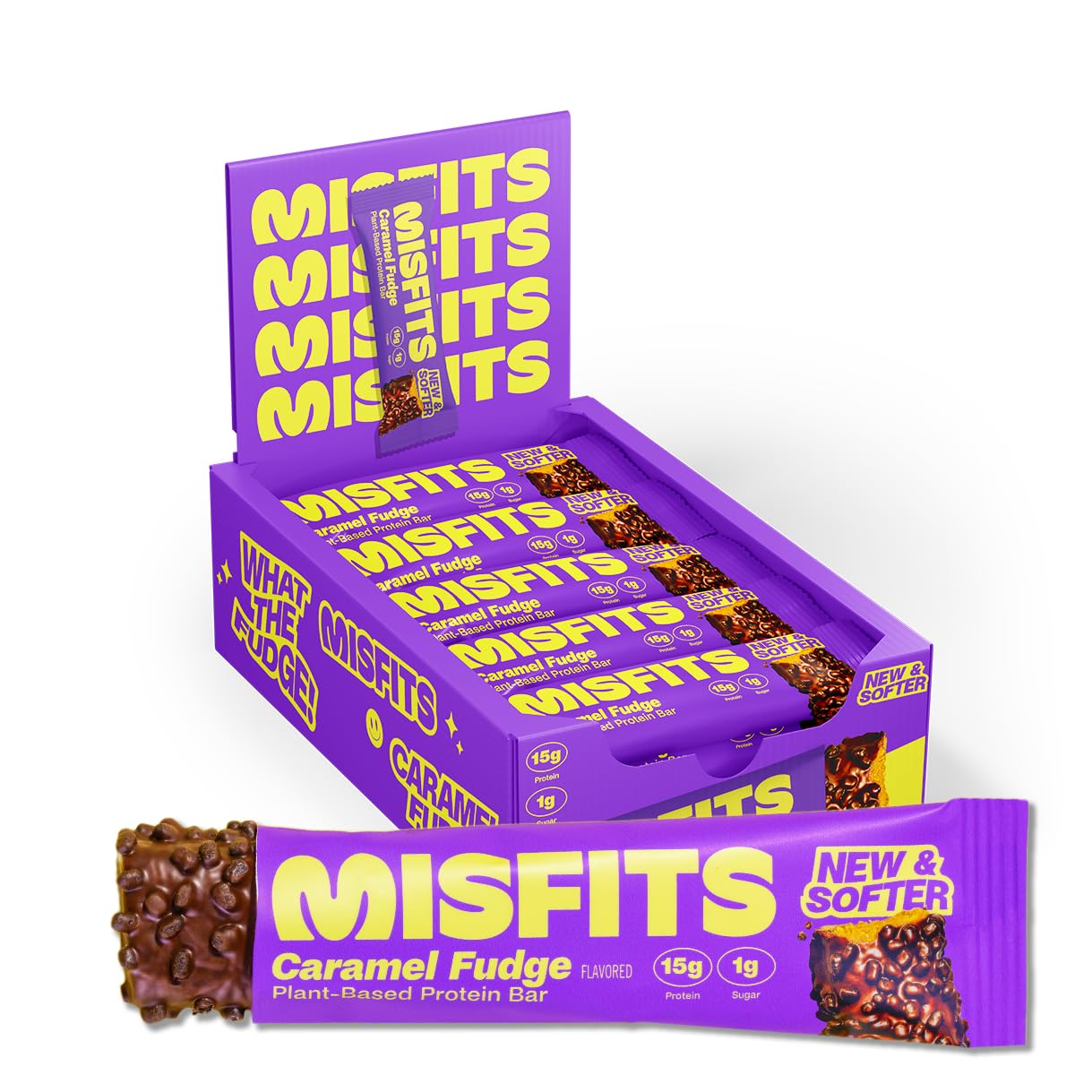 Box of Misfits Plant-Based Protein Bar with Caramel Fudge flavor, healthy snack option