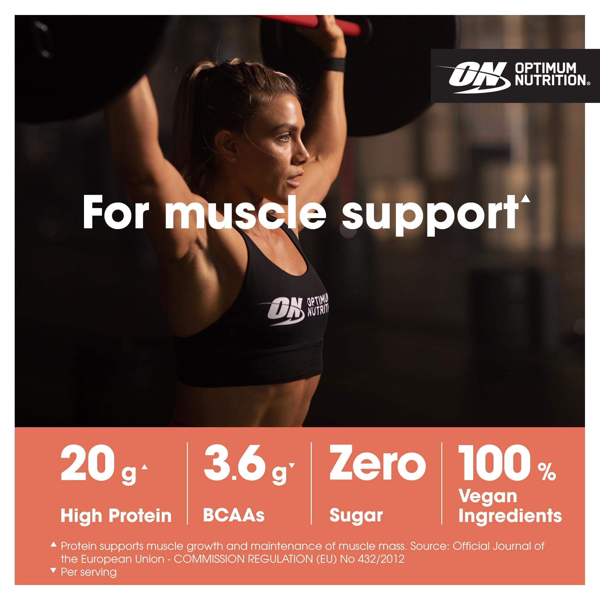 Female athlete lifting barbell with Optimum Nutrition Clear Protein vegan formula for muscle growth