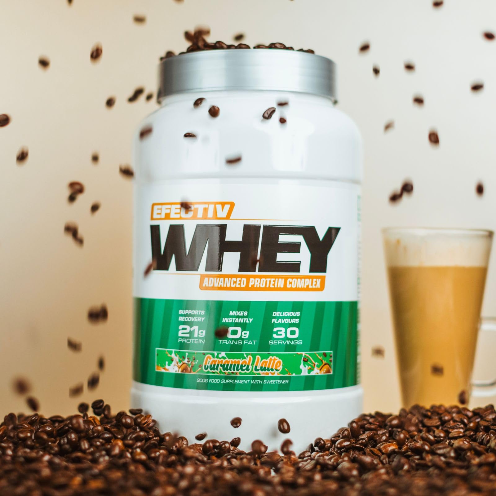 White tub of Effectiv Nutrition Whey with green label, highly bioavailable whey for lean muscle